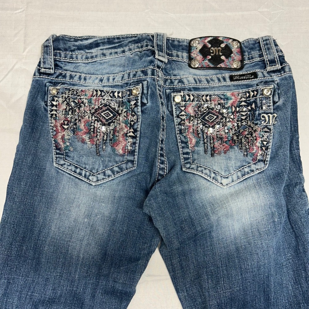 Miss Me Bootcut Jeans Medium Wash Embellished Rhinestone Flap Pocket - Picture 3 of 10